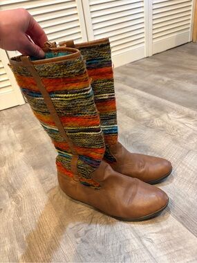 Women's Tall Brown fake Leather & Multicolor Knit Boots